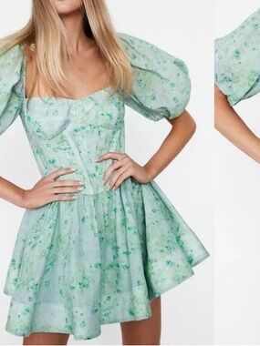 Bardot Mint Floral Puff-Sleeve Mini Dress